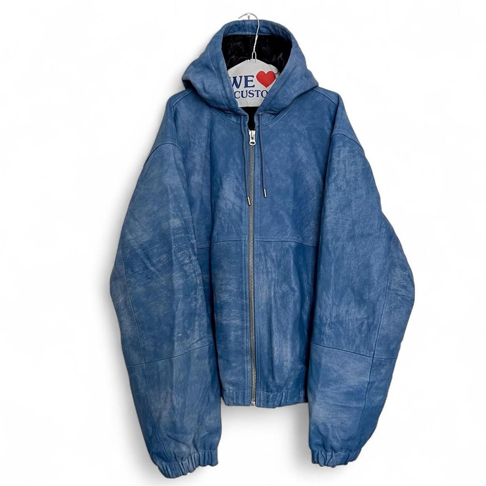 blue STUSSY lamb leather hooded jacket XXL